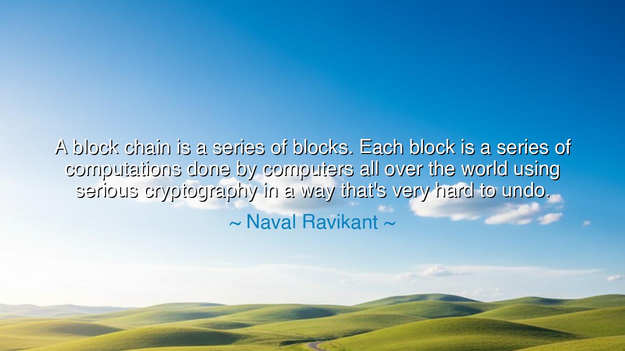 A block chain is a series of blocks. Each block is a series of